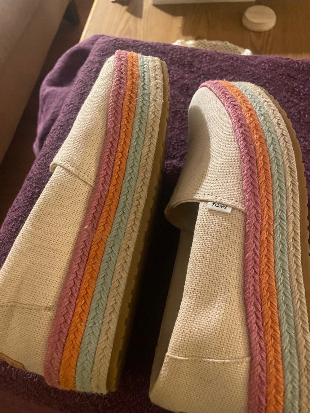 TOMS Cream Canvas Espadrille Platform Slip-Ons with Pink and Orange Trim
